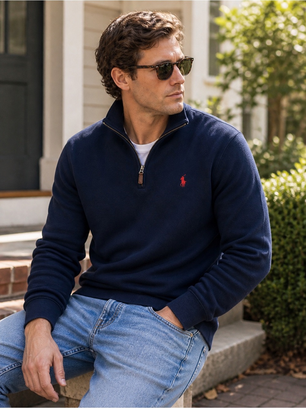 Polo Ralph Lauren Quarter Zip Pullover Navy Blue Cotton Sweater Men’s L Classic